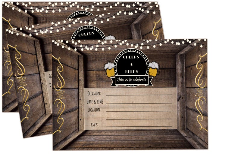 Elcer Cheers and Beers Birthday Country Rustic Fill In Set of 20 Invitations & envelopes 30 years 40 years 50 years Adult party All occasion Fill in invites - Image 5
